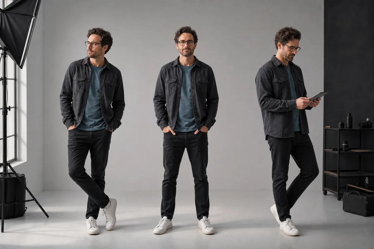The same creative professional shown in three different poses with consistent identity and clothing